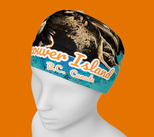 Whats up sealions headband neck gaiter with a image of a group of sea lions.