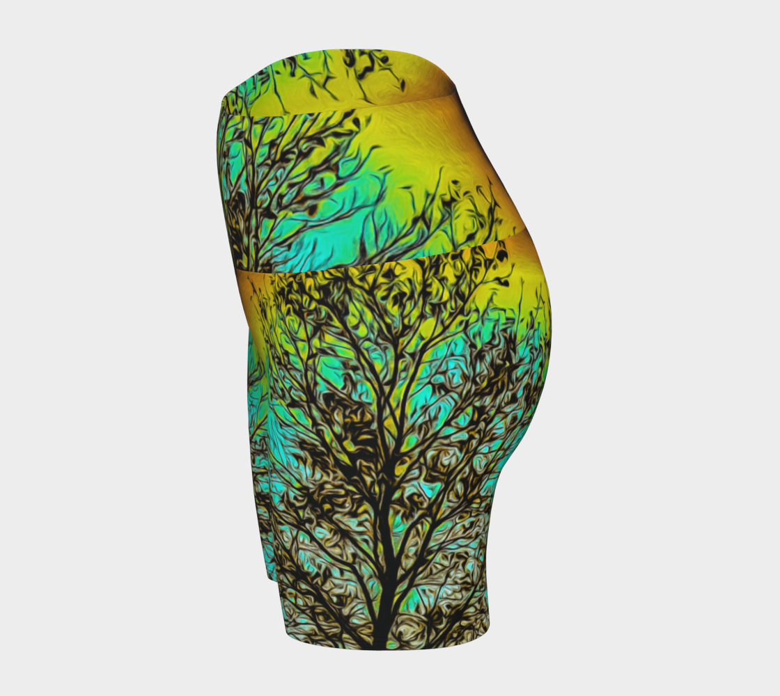 Island Tree of Life yoga shorts features an all over print.  the image is of a tree with a turquoise background.