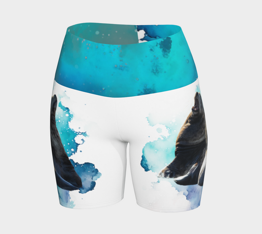 Sea Lions Communication yoga shorts features an image of two sea lions one is barking and the other is listening.  The shorts are predominantly white.