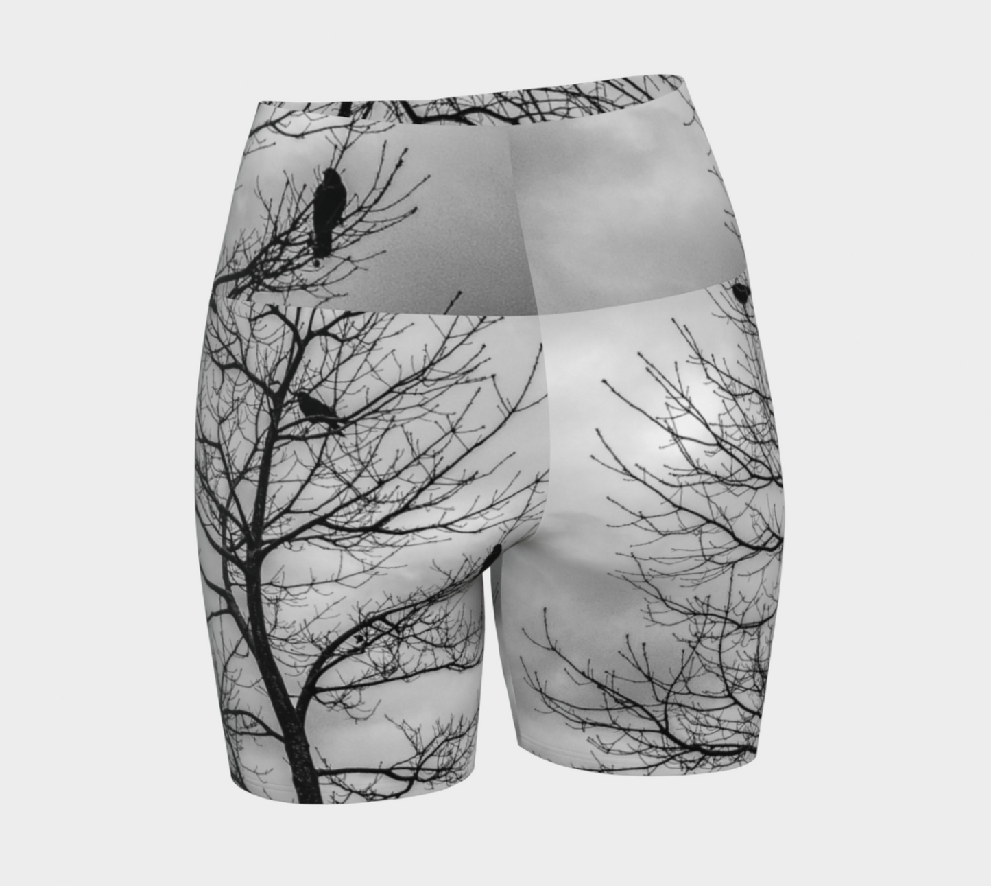 All over print crows yoga shorts.  Black and white image of crows in a tree.