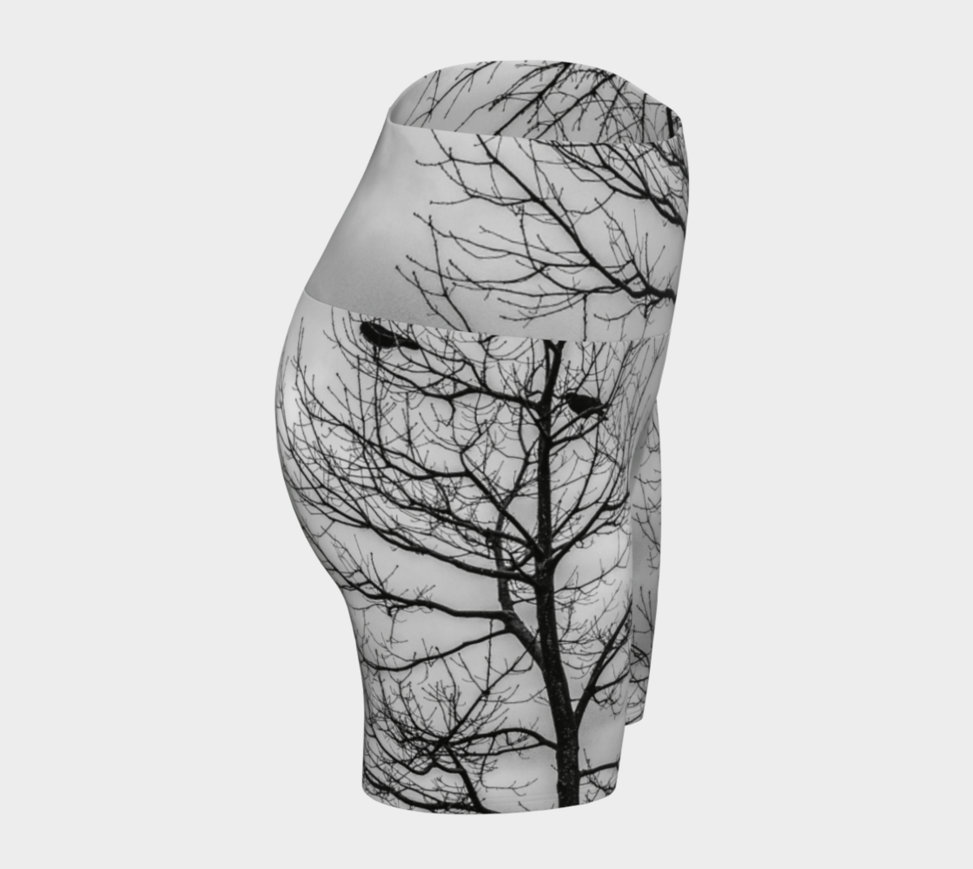 All over print crows yoga shorts.  Black and white image of crows in a tree.