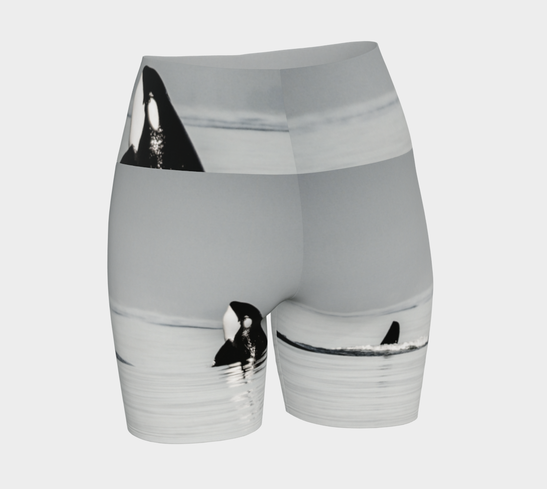Orca Spy Hop Yoga Shorts is all over printed with a image of a orca in the spy hop position which is where they hover out of the water to look around.  