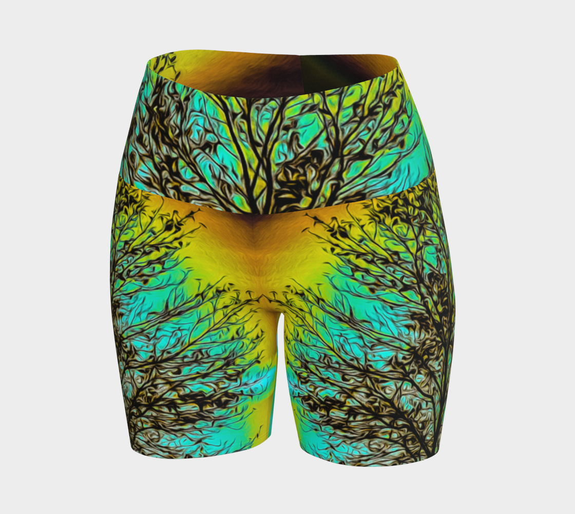 Island Tree of Life yoga shorts features an all over print.  the image is of a tree with a turquoise background.