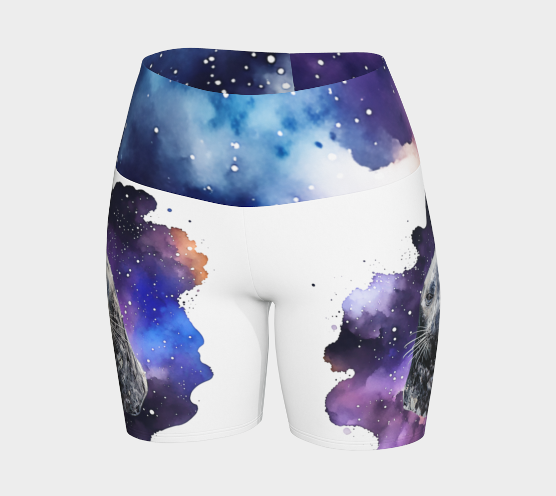 I Love Lucy Yoga shorts. All over print with a colourful celestial  abstract and a image of a harbour seal named Lucy.  The shorts are white with the image printed on it plus the band.