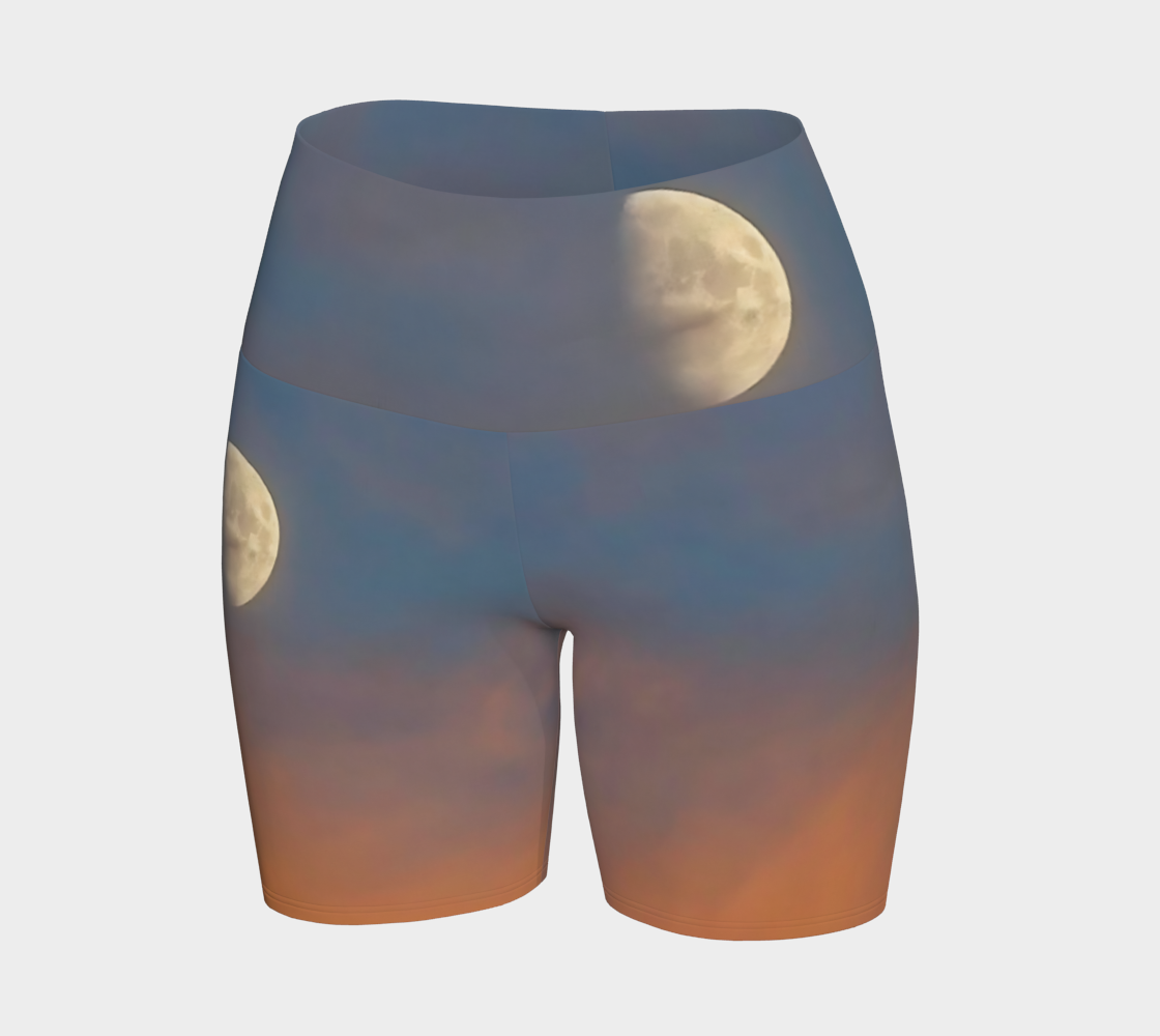 Front side of the full moon yoga shorts. Featuring a image of the full moon .