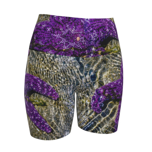 Amazing Starfish Yoga shorts features an all over print of an amazing purple starfish just under the water at low tide.