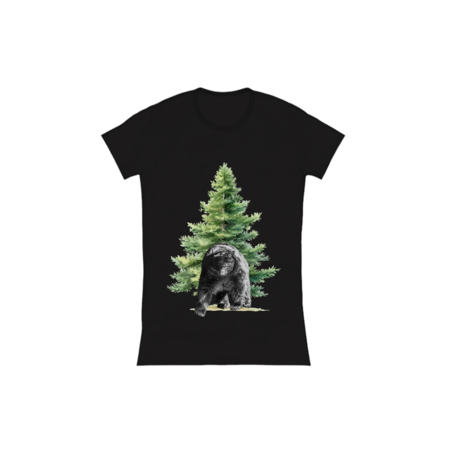 Observant Bear Comfort Slim Fit T-Shirt. The image is of a bear in front of a tree.  by van isle goddess dot com