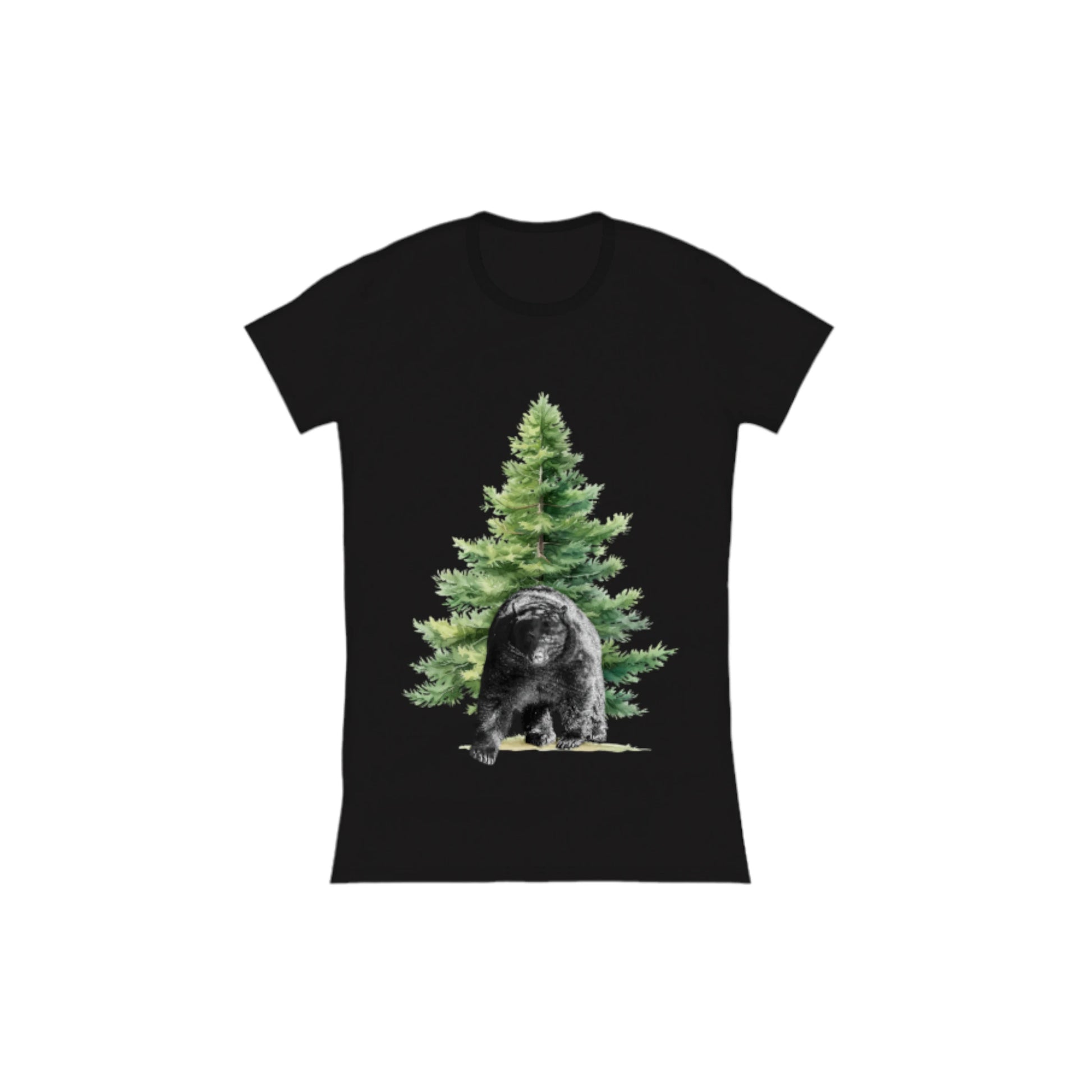 Observant Bear Comfort Slim Fit T-Shirt. The image is of a bear in front of a tree.  by van isle goddess dot com