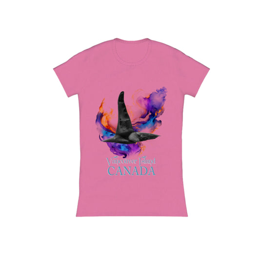 Orca Aura Vancouver Island Canada Comfort Slim Fit T-shirt. The image is of a male orca dorsal fin with an abstract of purple, blue gold background. by van isle goddess dot com