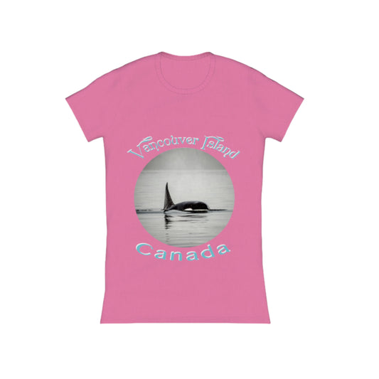 Orca Spray Vancouver Island Canada Comfort Slim Fit T-shirt. The image on the front of the t shirt is a orca in the ocean . The words on the shirt read vancouver island canada