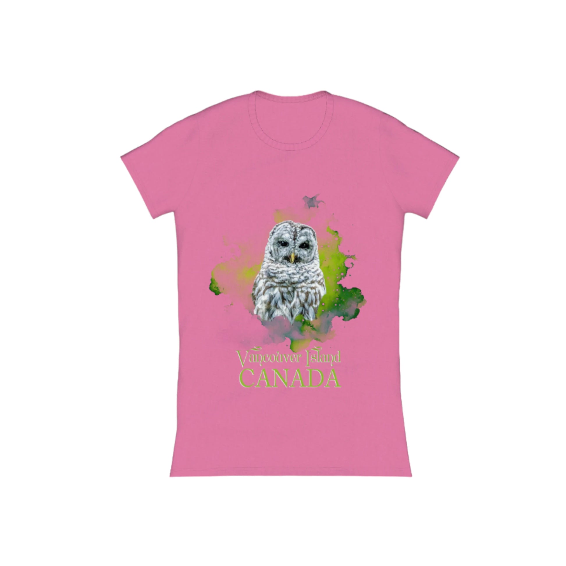 Wise Owl Vancouver Island Canada Comfort Slim Fit T-shirt. the image is of a barred owl with a green abstract background. the words on the front read Vancouver Island Canada