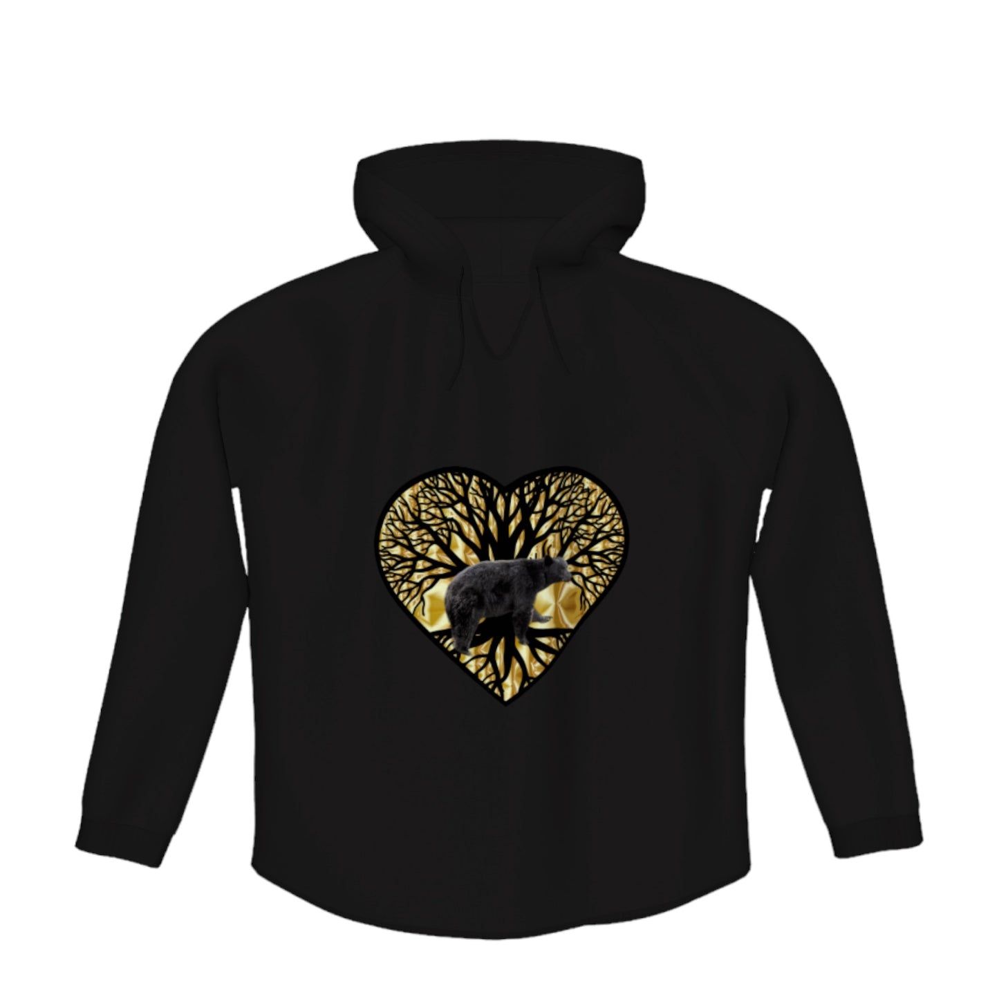 Bear Heart Flow Pullover Hoodie. The image is of a heart with a tree of life and a bear on a gold background.