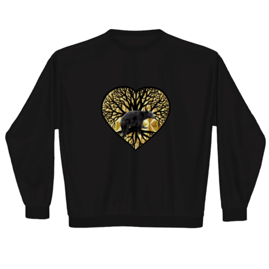 Bear Heart Premium Crewneck Sweatshirt. The image is of a heart with a tree of life and a bear with a gold background.