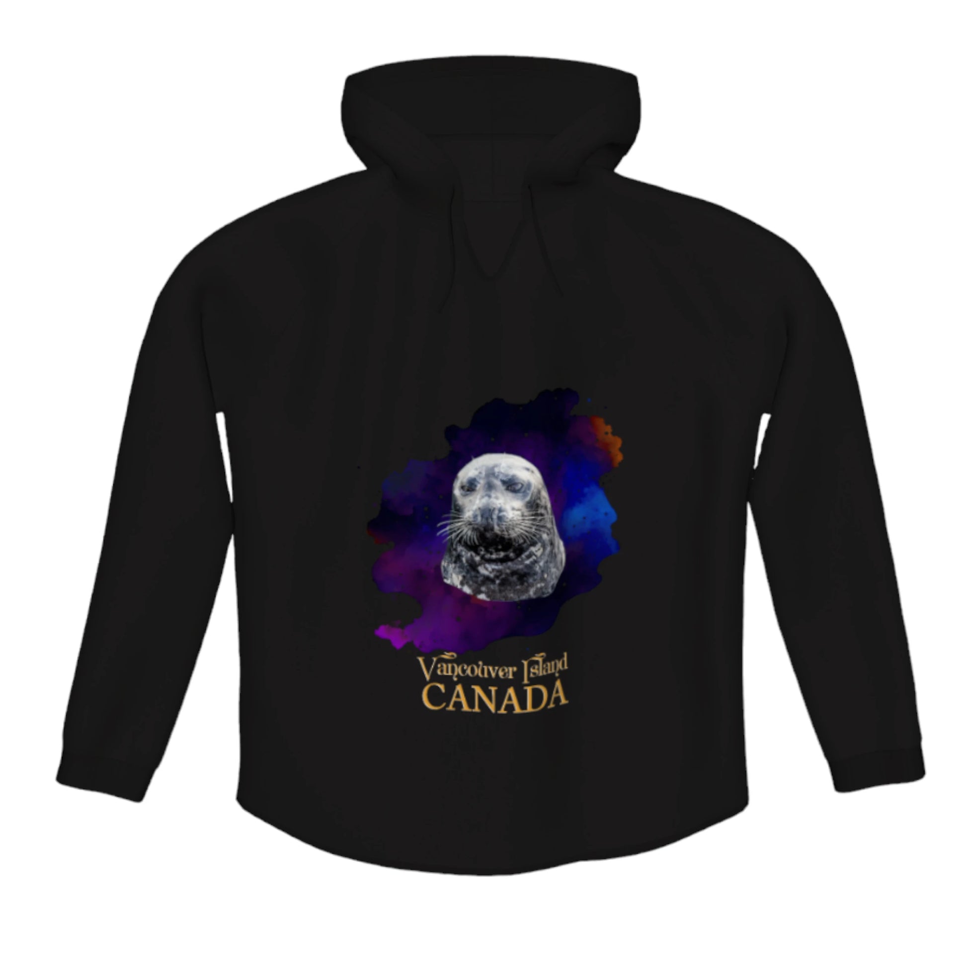 I Love Lucy Vancouver Island Canada Flow Pullover Hoodie. The image is of a harbour seal with a colourful abstract background. the words read Vancouver Island Canada