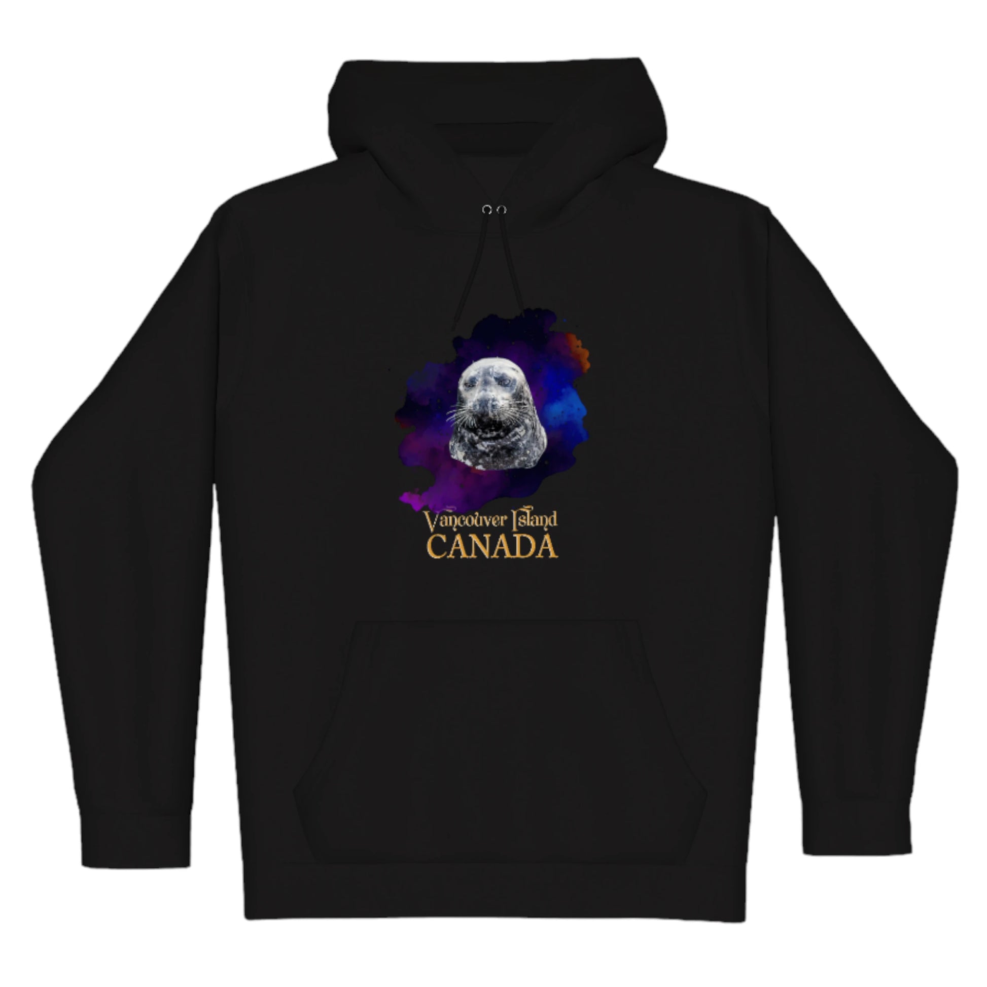 I Love Lucy Vancouver Island Canada Premium Pullover Hoodie. The image is of a harbour seal with a colourful abstract background.  The words read Vancouver Island Canada.