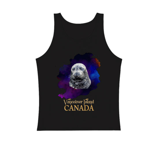 I Love Lucy Vancouver Island Canada Premium Unisex Tank Top.  The image is of a harbour seal named Lucy that lives at the Nanaimo harbour.  The words on the lower part of the tank top reads Vancouver Island, Canada.  