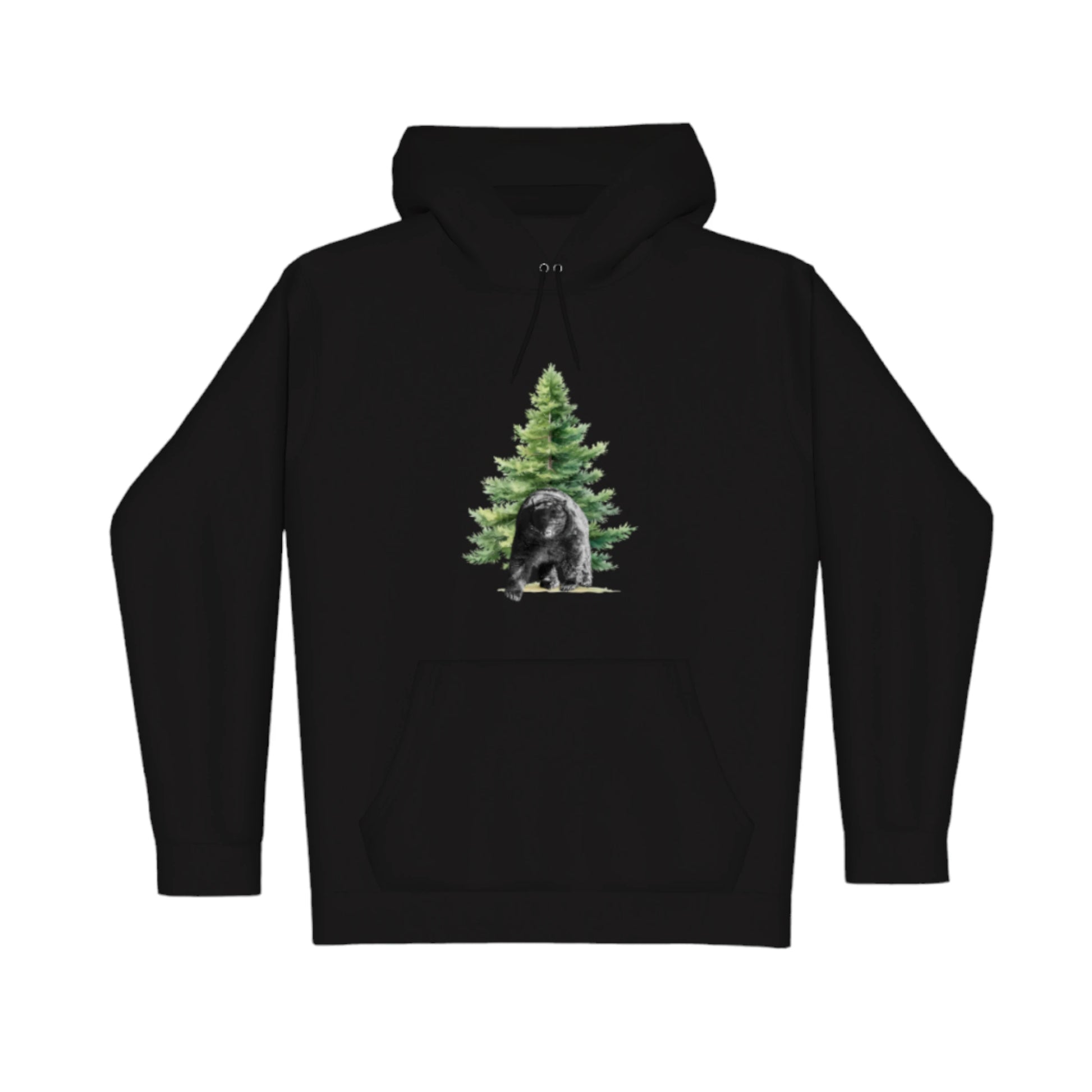 Observant Bear Premium Pullover Hoodie. the image is of a bear in front of tree.