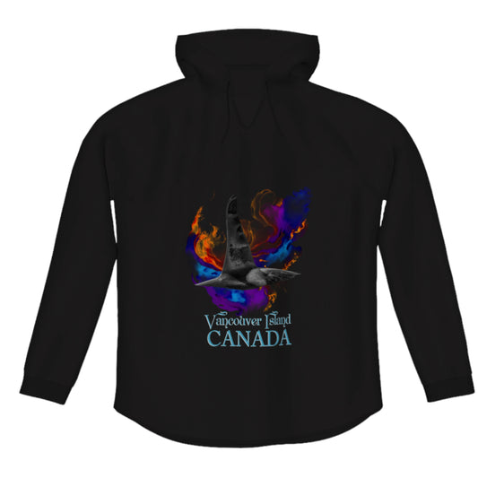 Orca Aura Vancouver Island Canada Flow Pullover Hoodie. The image is of a male orca dorsal fin on a colourful abstract background.  the words read Vancouver Island Canada