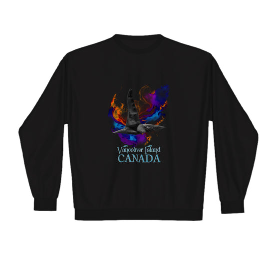 Orca Aura Vancouver Island Canada premium crewneck sweatshirt. The image is of a male orca dorsal fin with colourful abstract background.