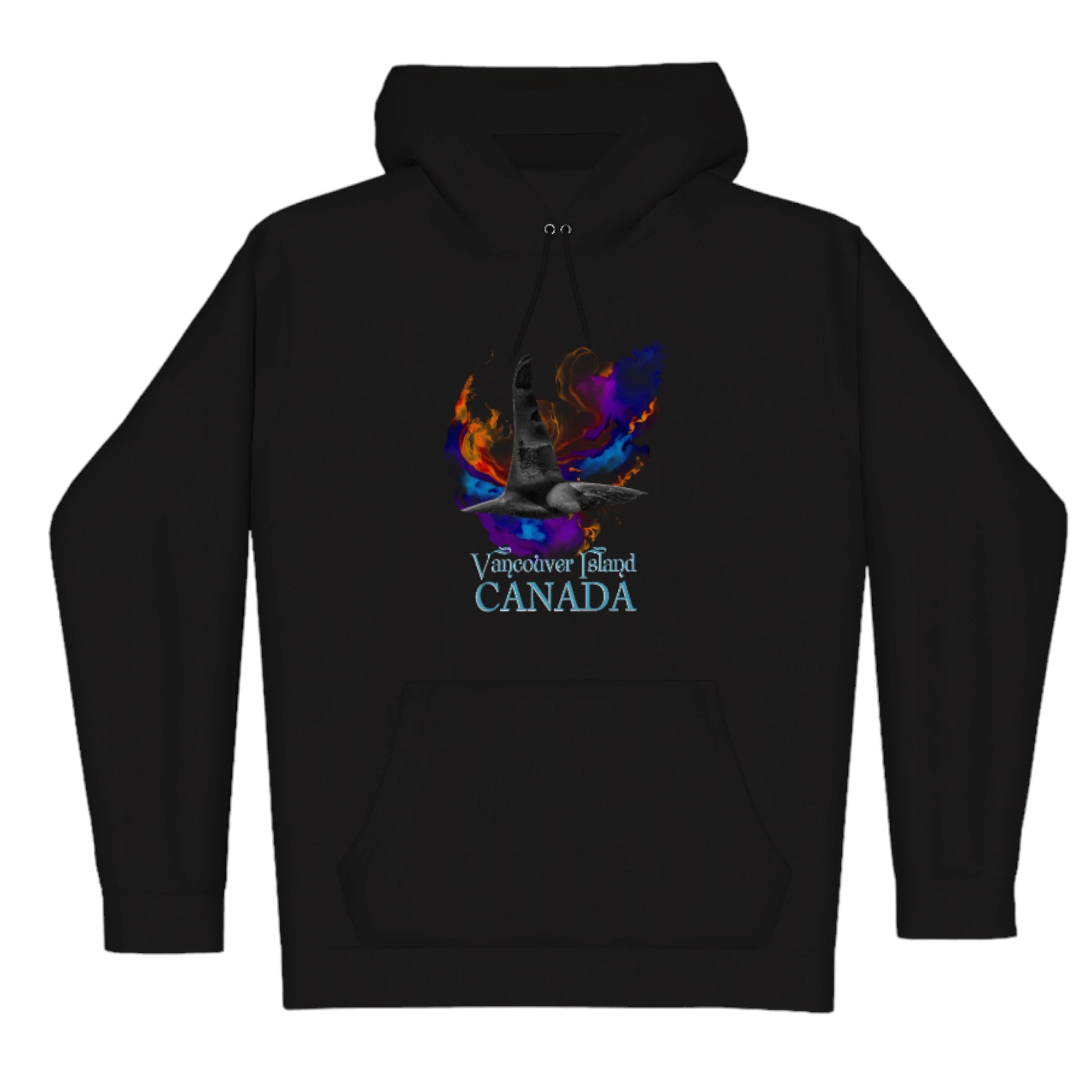 Orca Aura Vancouver Island Canada Premium Pullover Hoodie. The image is of male orca dorsal fin with a colourful abstract background.  The words read Vancouver Island Canada.