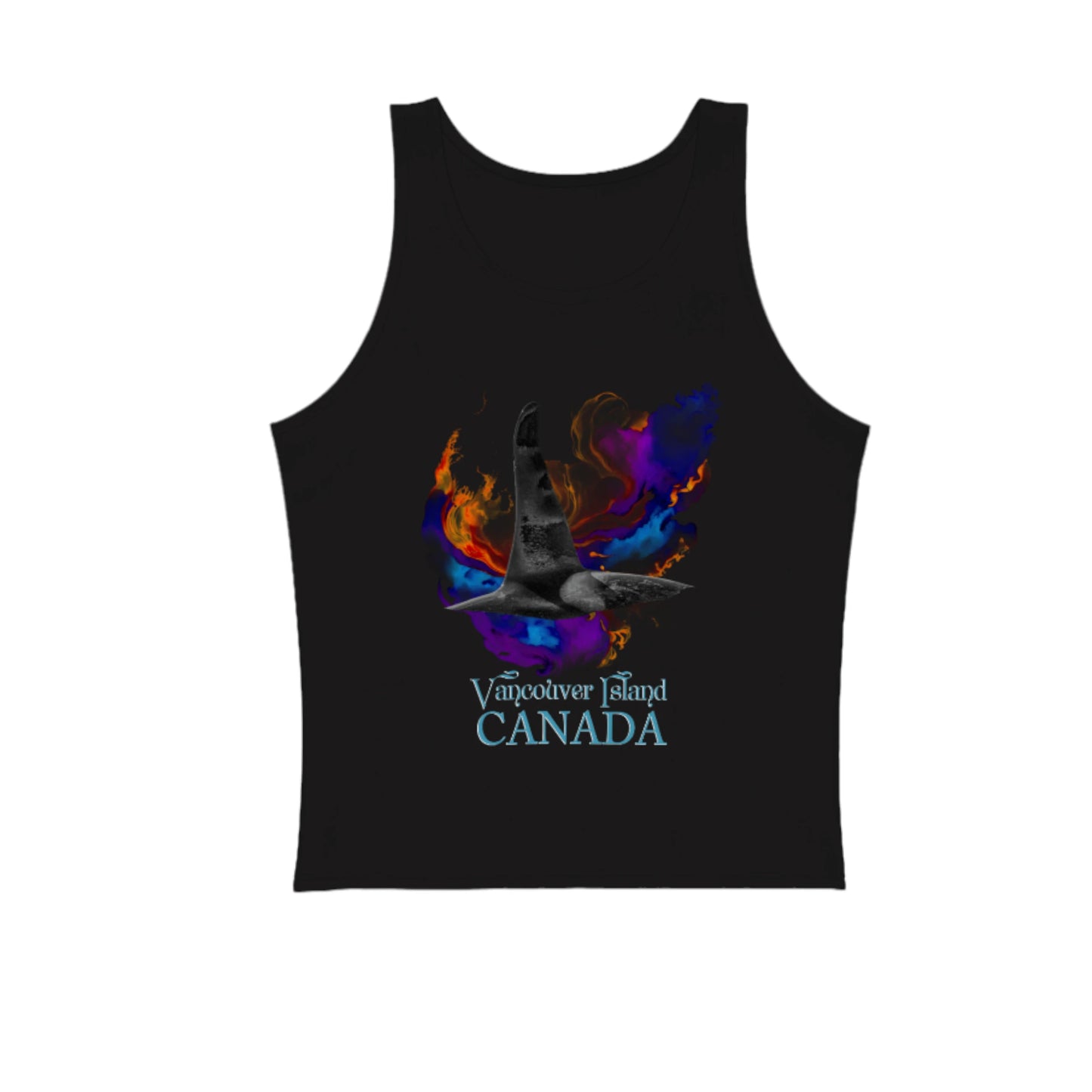 Orca Aura Vancouver Island Canada Premium Unisex Tank Top.  Souvenir of Vancouver Island. The image features an large male orca dorsal fin with an abstract aura of colours! by van isle goddess dot com