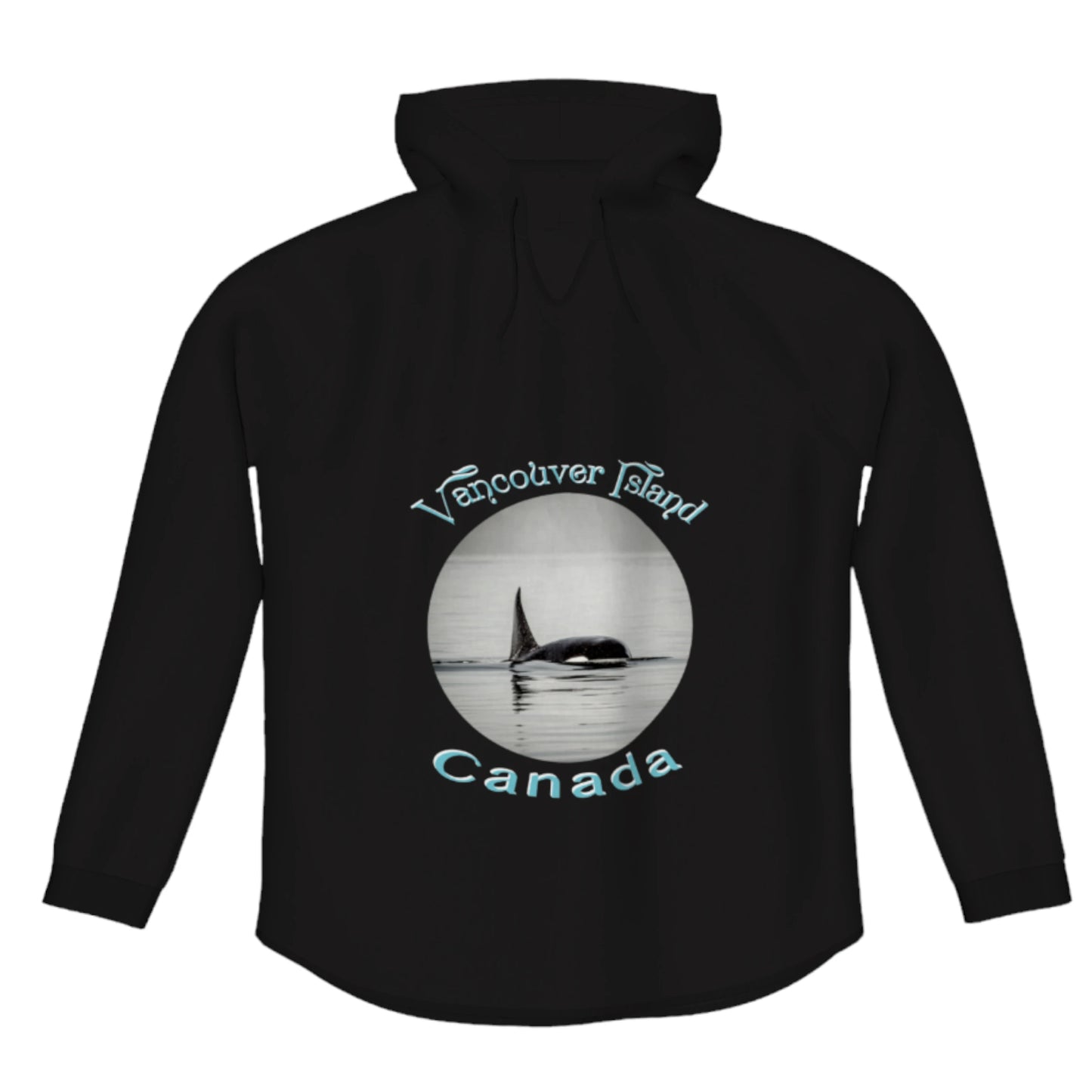 Orca Spray Vancouver Island Canada Flow Pullover Hoodie. The image is of a orca swimming in the johnstone strait. The words read Vancouver Island Canada