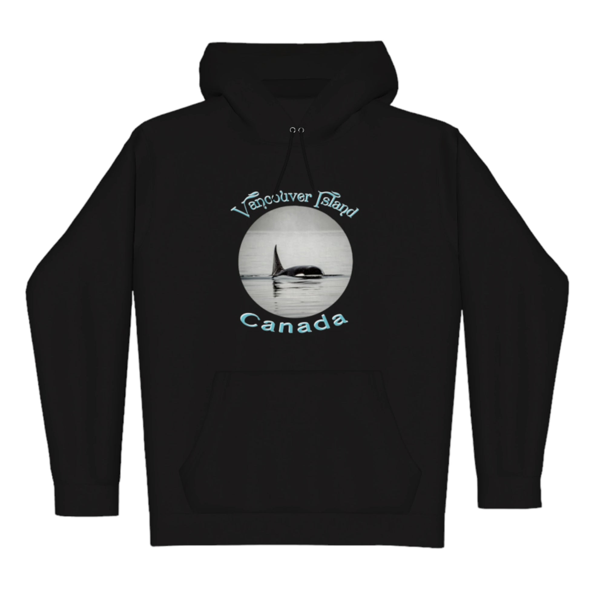 Orca Spray Vancouver Island Canada Premium Pullover Hoodie. The image is of a orca swimming in the Johnstone Strait. the words read Vancouver island Canada.