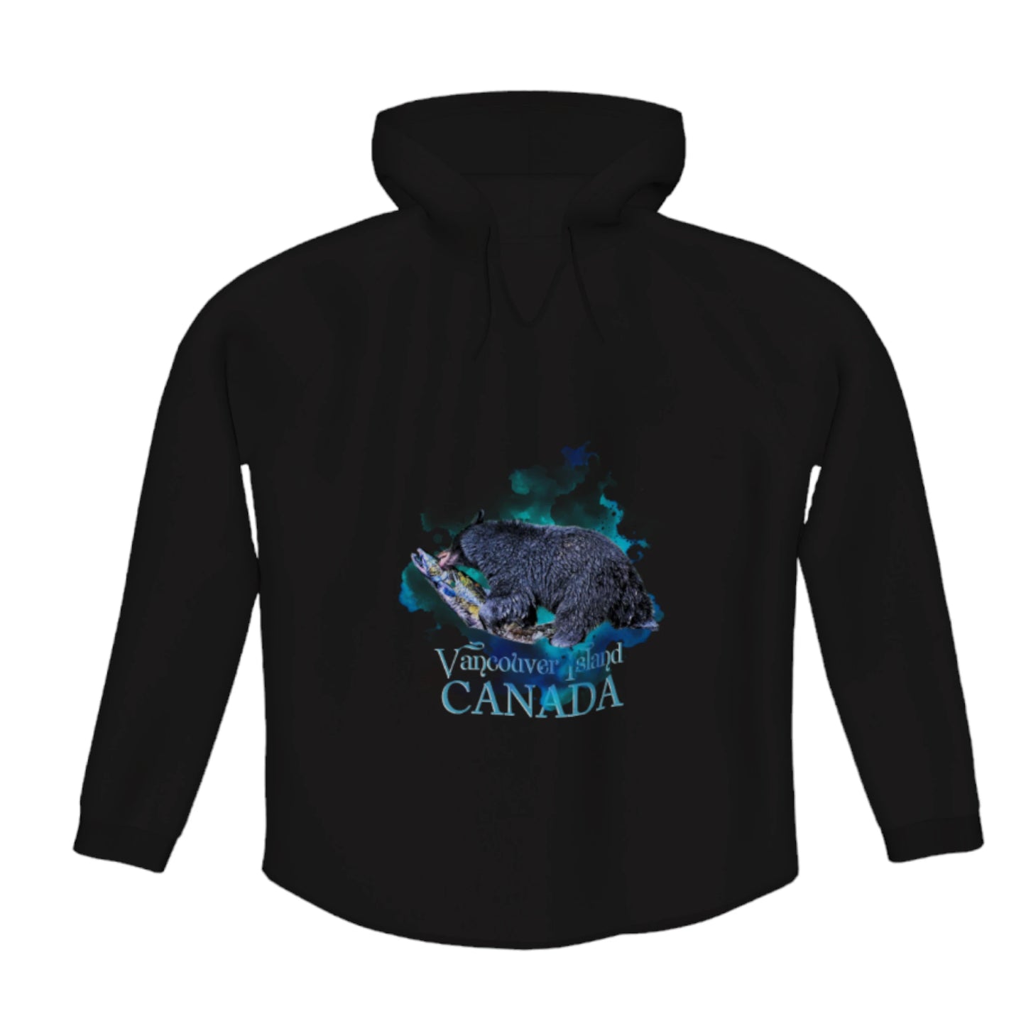 Salmon Bear Vancouver Island Canada Flow Pullover Hoodie. The image is of bear with a fresh salmon in its mouth.