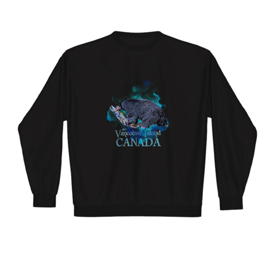 Salmon Bear VAncouver Island Canada Premium crewneck sweatshirt. The image is of a bear with a fresh caught salmon it is mouth.