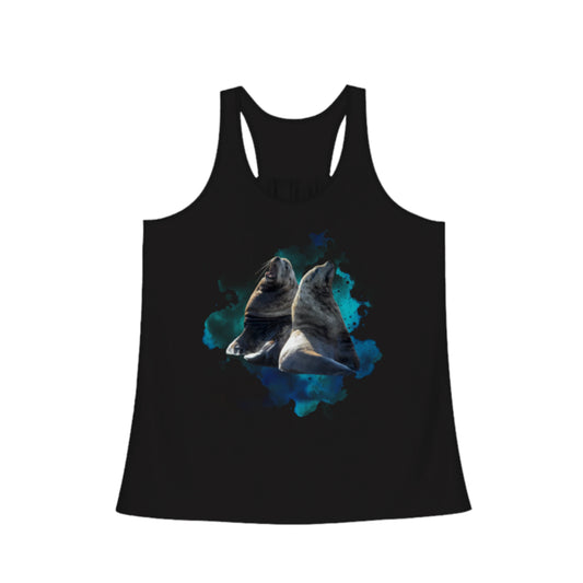 Sea Lions Communication Flow Racerback Tank Top in black.  The image on the front shows two sea lions on a abstract ocean blue background. By van isle goddess dot com