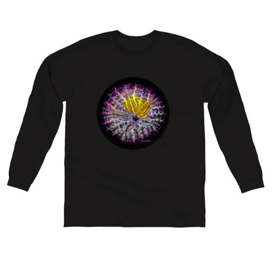 Spotlight Sand Dollar Comfort Long Sleeve Unisex T-shirt. The image on the front is that of a sand dollar. by van isle goddess dot com