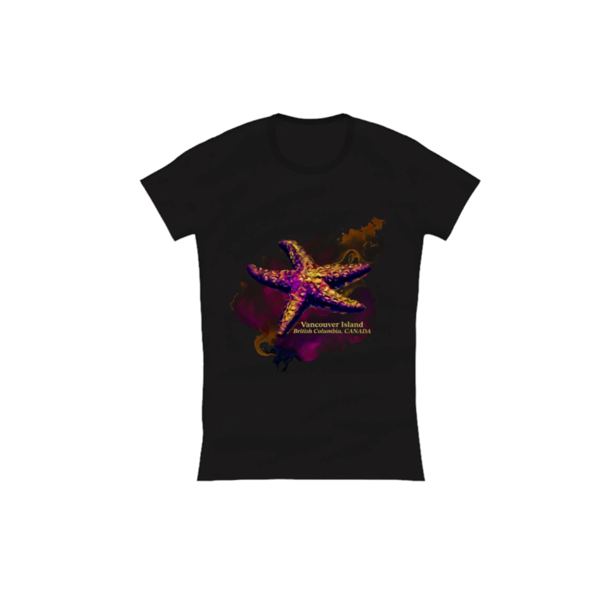 Star Track Vancouver Island BC Canada Comfort Slim Fit T-shirt. The image is of a starfish with a colourful abstract background. The words read Vancouver Island British Columbia Canada