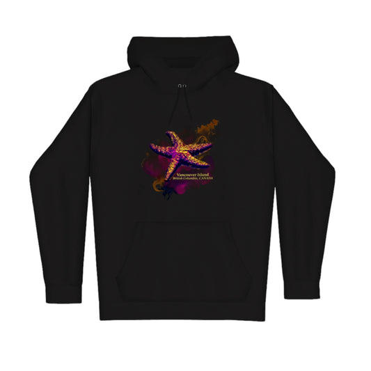 Star Track Vancouver Island BC Canada Premium Pullover Hoodie. The image is of a starfish with a colourful abstract background. The words read Vancouver Island British Columba, Canada.