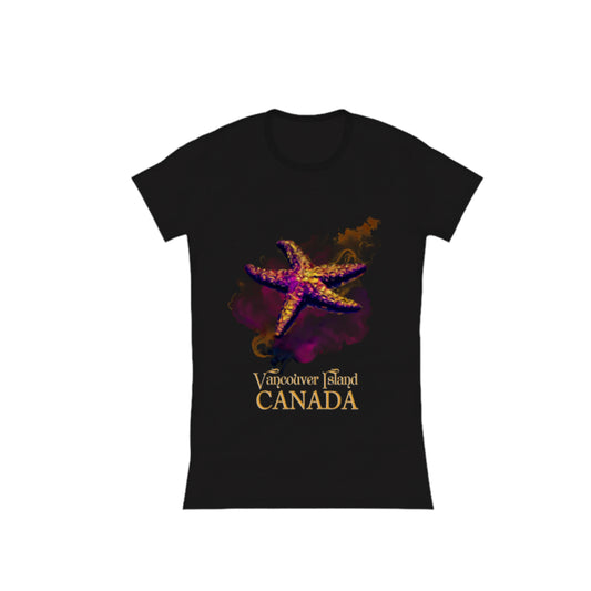 Star Track Vancouver Island Canada Comfort Slim Fit T-shirt. the image on the front of t he shirt is a starfish with a colourful abstract background. the words on the shirt read Vancouver Island Canada