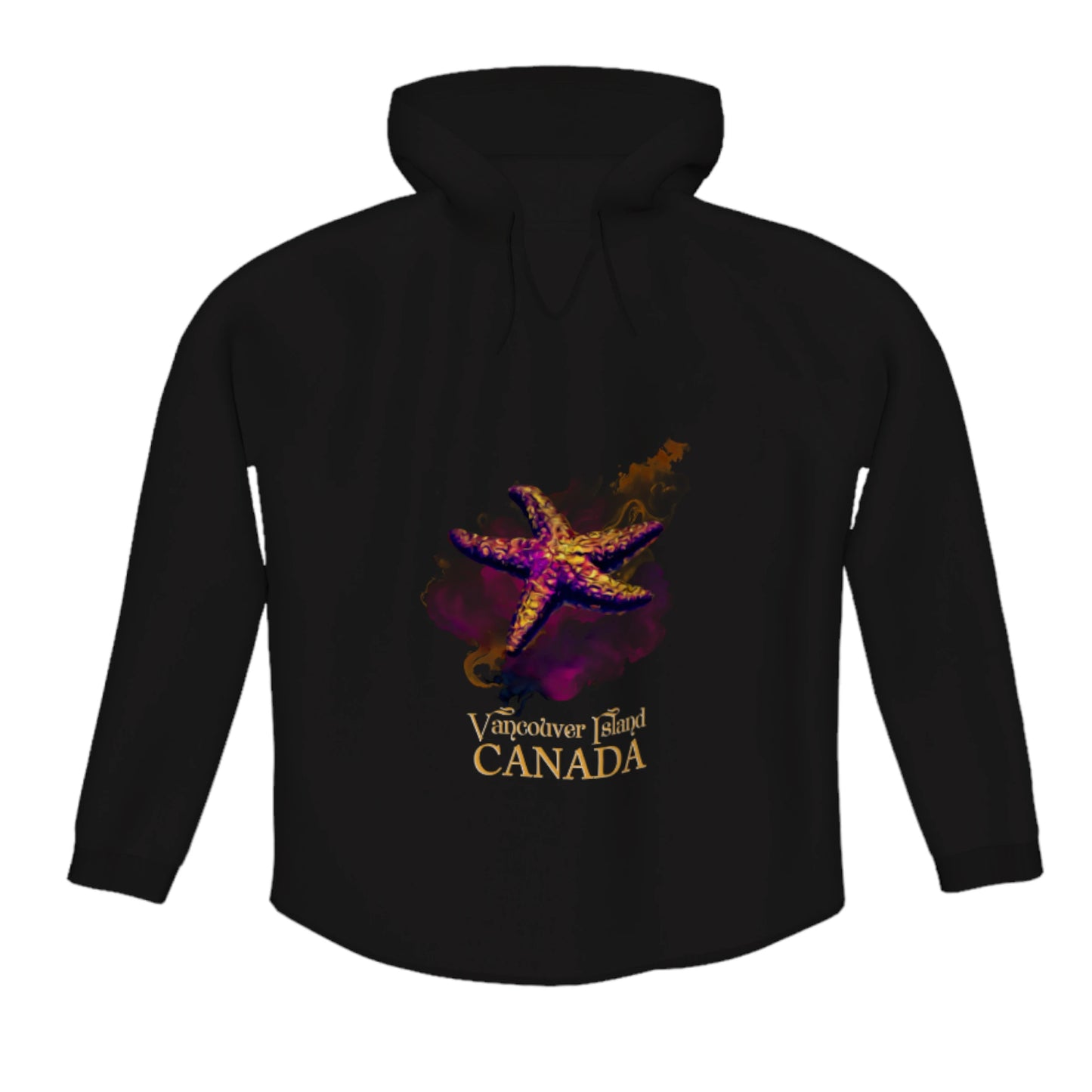 Star Track Vancouver Island Canada Flow Pullover Hoodie. The image is of a starfish on a colourful abstract background.