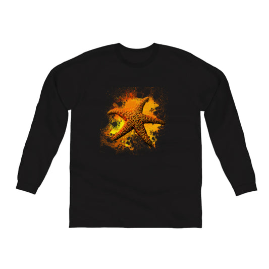 Starfish Orange Comfort Long Sleeve Unisex T-Shirt. The image on the front is of a orange starfish with a colourful abstract of orange, yellow, and red. by van isle goddess dot com