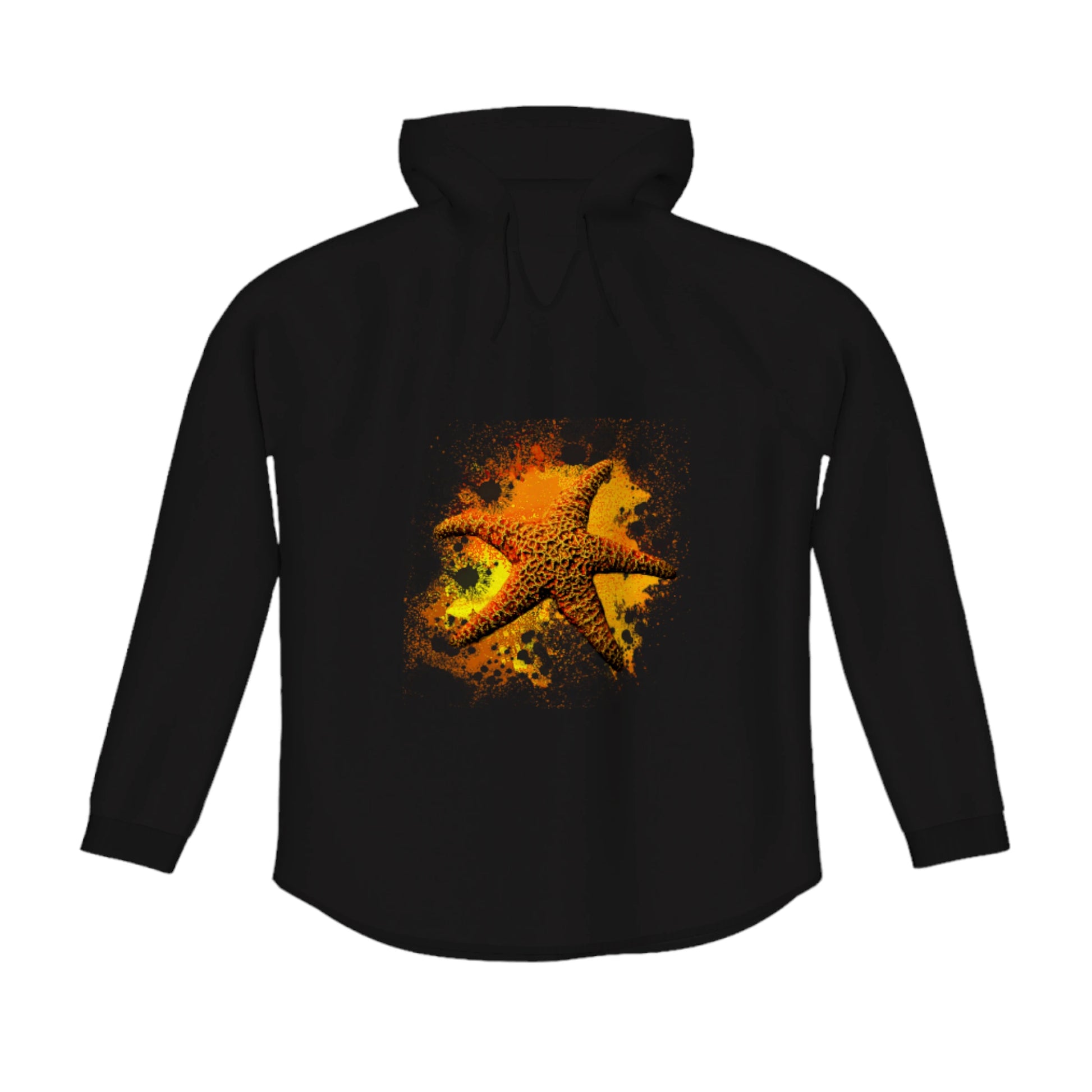 Starfish Orange Flow Pullover Hoodie. The image is of a starfish with a colourful abstract background.