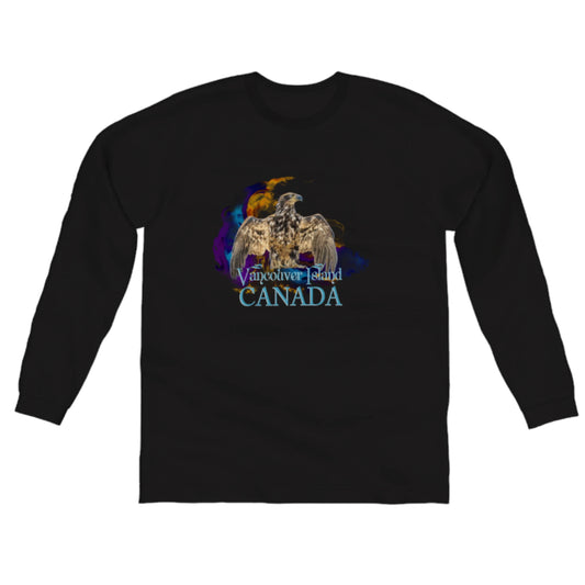 Thunderbird Vancouver Island Canada Comfort Long Sleeve Unisex T-shirt. The image on the front of the shirt is of an eagle in the thunderbird position.  A colourful abstract background is behind the eagle.  the words on the shirt read vancouver island canada. by van isle goddess dot com