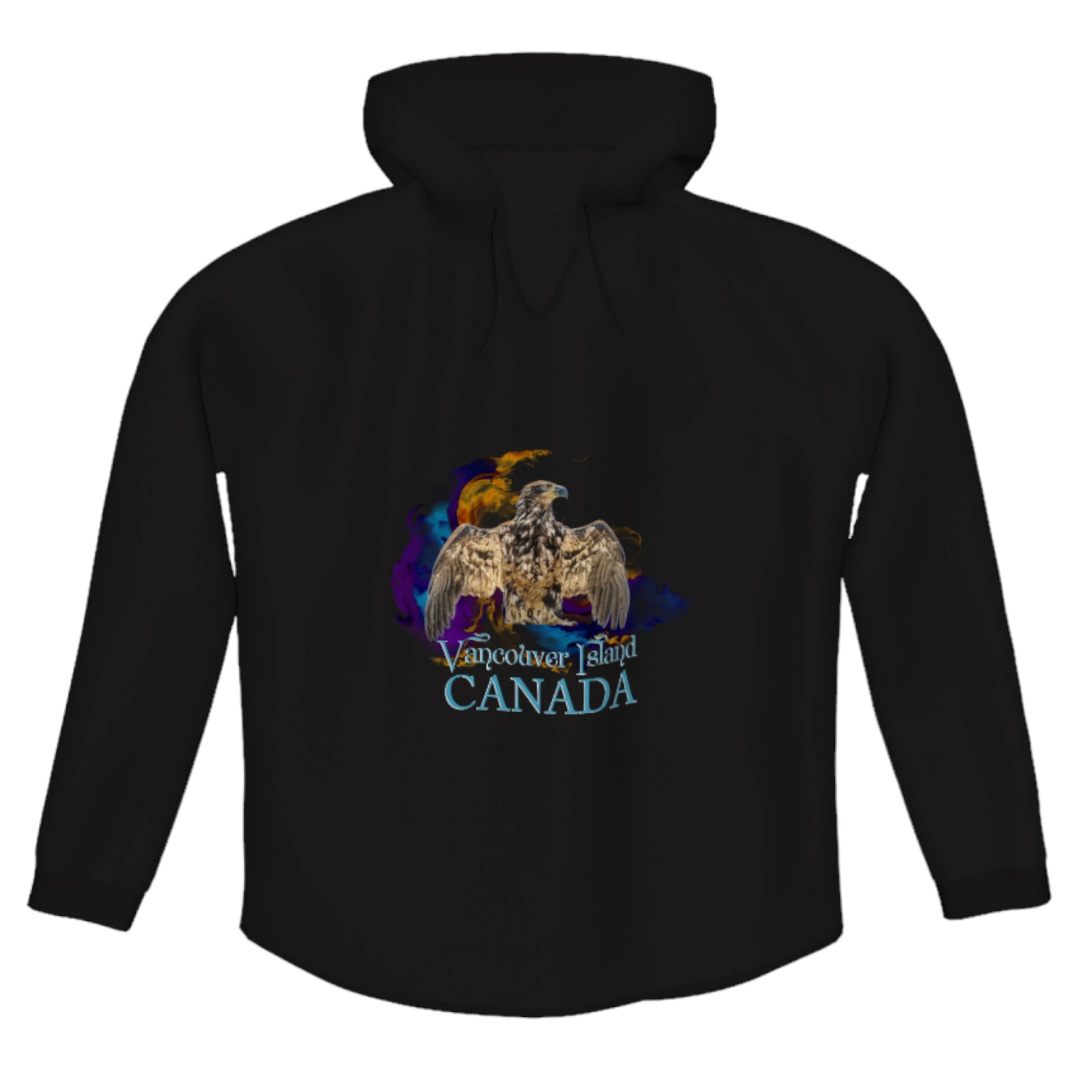 Thunderbird Vancouver Island Canada Flow Pullover Hoodie. The image is of a eagle in the thunderbird position with a colourful abstract background.  The words read Vancouver Island Canada.