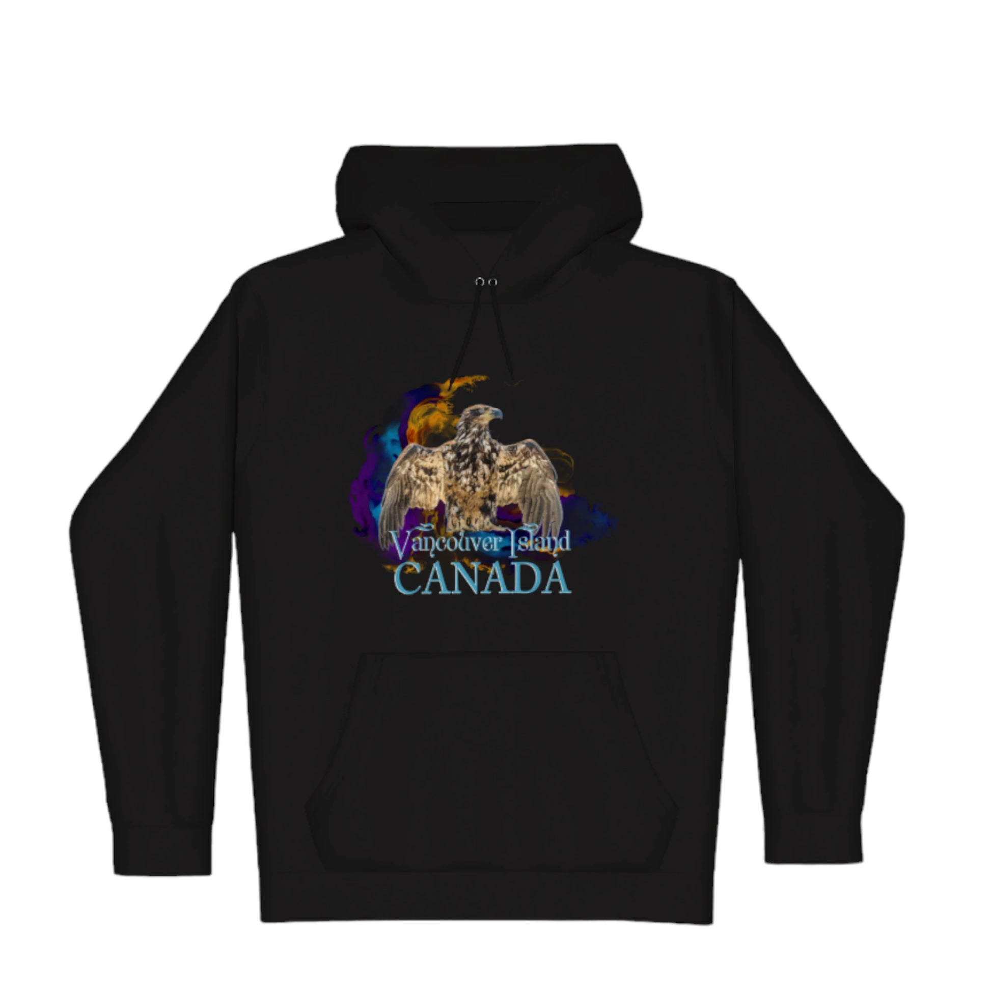 Thunderbird Vancouver Island Canada Premium Pullover Hoodie. The image is of a eagle in the thunderbird position with a colourful abstract background. The words read Vancouver Island Canada.