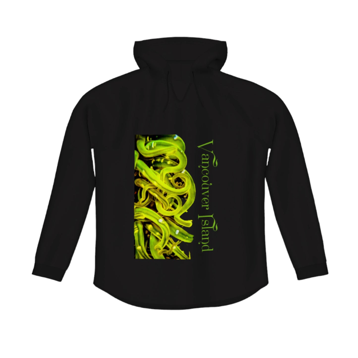 Vancouver Island Sea Anemone Flow Pullover Hoodie. The image is of a green sea anemone underwater at low tide. The words read Vancouver Island.