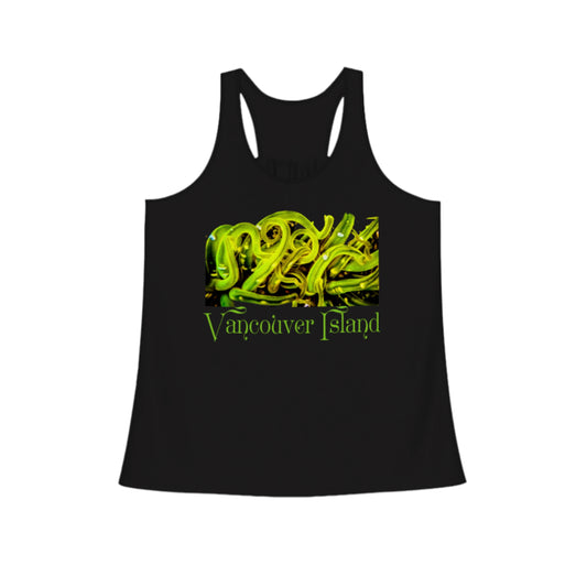 Vancouver island sea anemone flow racerback tank top.  the image on the front of the top is of a green sea anemone underwater with its tentacles swaying with the ocean current. By Van isle goddess dot com