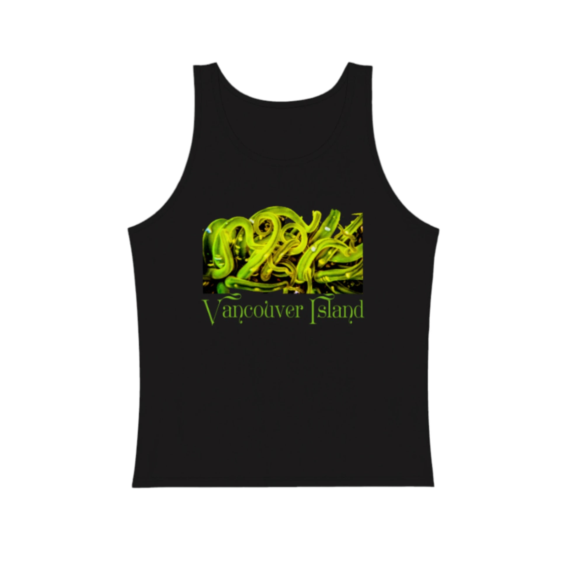 Sea Anemone Vancouver Island premium unisex tank top in black.  The green sea anemone is underwater on the front of the top. by van isle goddess dot com