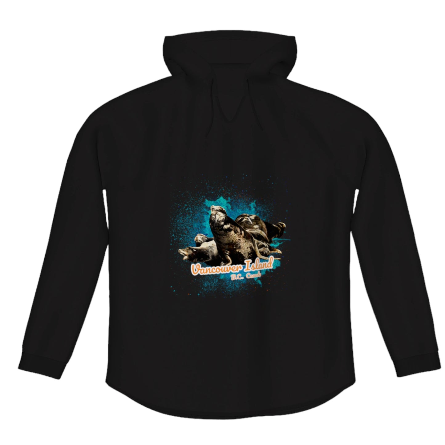 What's Up Sea Lions Vancouver Island Canada Flow Pullover Hoodie. The image is of a group of sea lions on a log raft.  The words read Vancouver Island, BC Canada