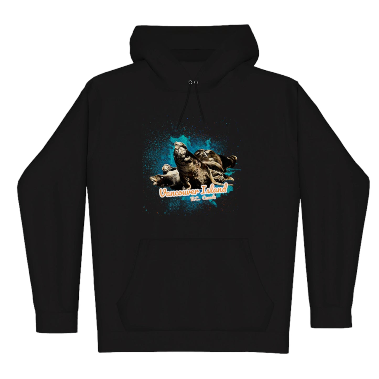 What's Up Sea Lions Vancouver Island BC Canada Premium Pullover Hoodie. The image is of a  group of sea lions on a log raft. The words read Vancouver Island BC Canada.