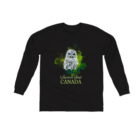 Wise Owl Vancouver Island Canada Comfort Long Sleeve Unisex T-shirt. The image on the front of the shirt is of a barred owl with a green abstract of colours behind it.  the words on the t shirt read Vancouver Island Canada in green.  by van isle goddess dot com