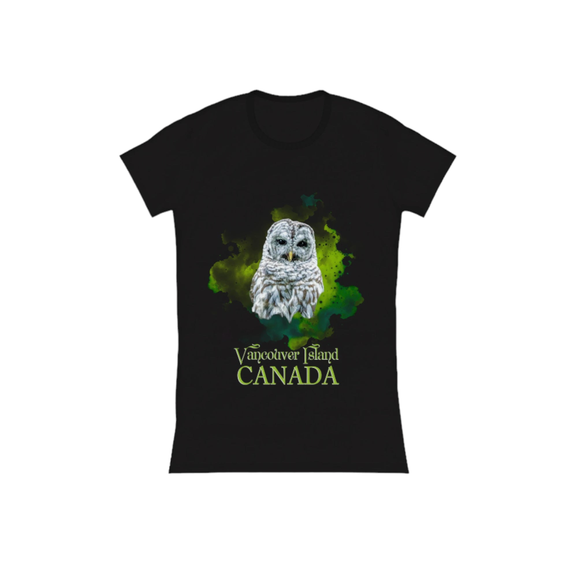 Wise Owl Vancouver Island Canada Comfort Slim Fit T-shirt. the image is of a barred owl with a green abstract background. the words on the front read Vancouver Island Canada