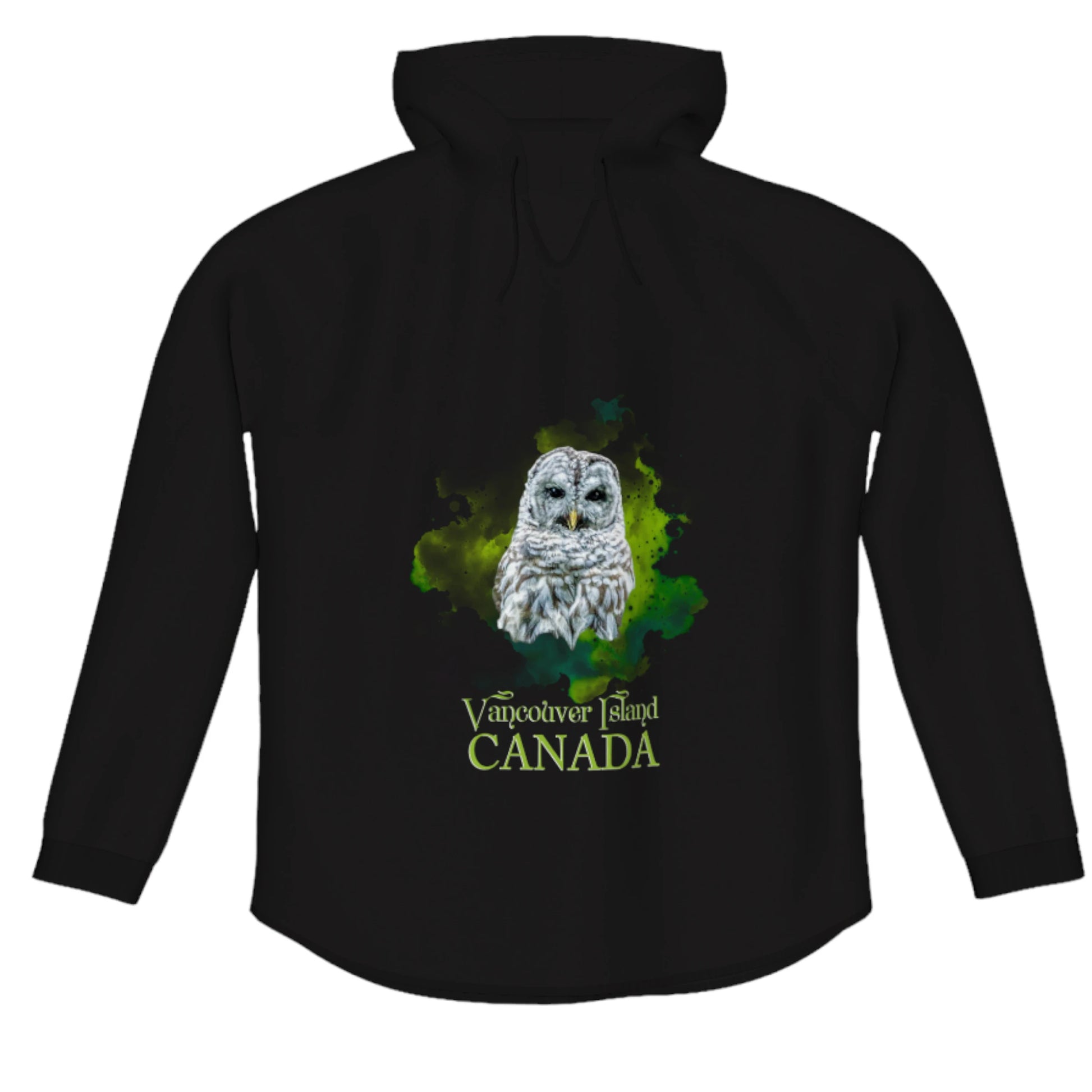 Wise Owl Vancouver Island Canada Flow Pullover Hoodie. The image is of a barred owl with a green colourful abstract background.  The words say Vancouver Island Canada.