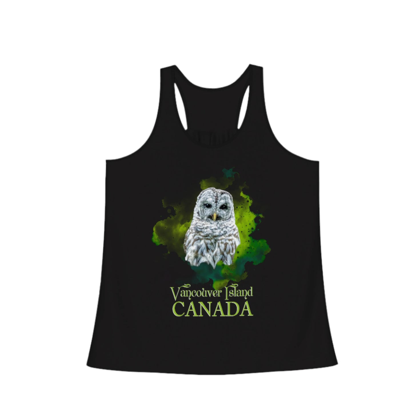 Wise Owl Vancouver Island Canada Flow racerback tank top.  The image on the front of the top is a barred owl with a abstract of shades of green. by van isle goddess dot com