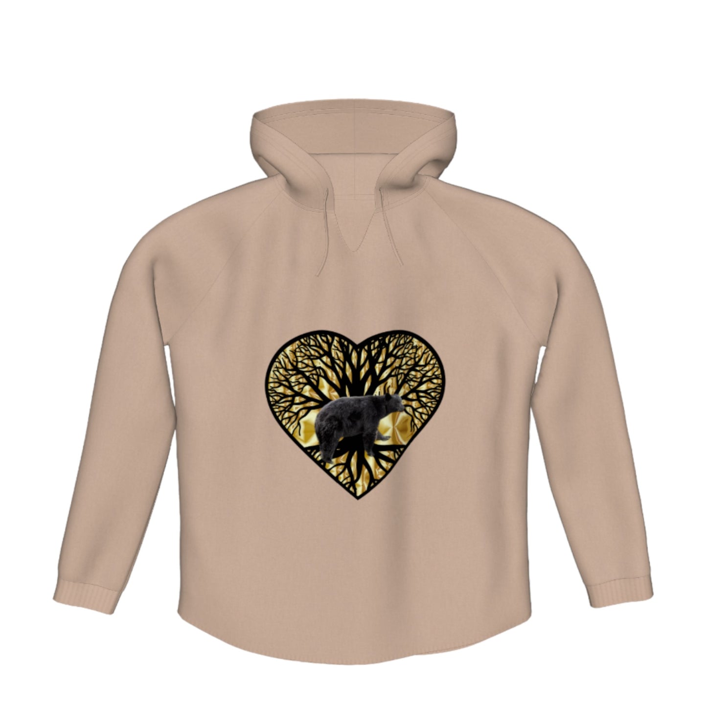 Bear Heart Flow Pullover Hoodie. The image is of a heart with a tree of life and a bear on a gold background.